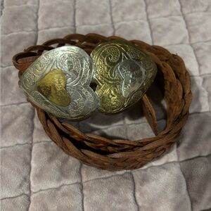 Moroso Braided Brown Leather Belt with Silver and Gold Heart Buckle